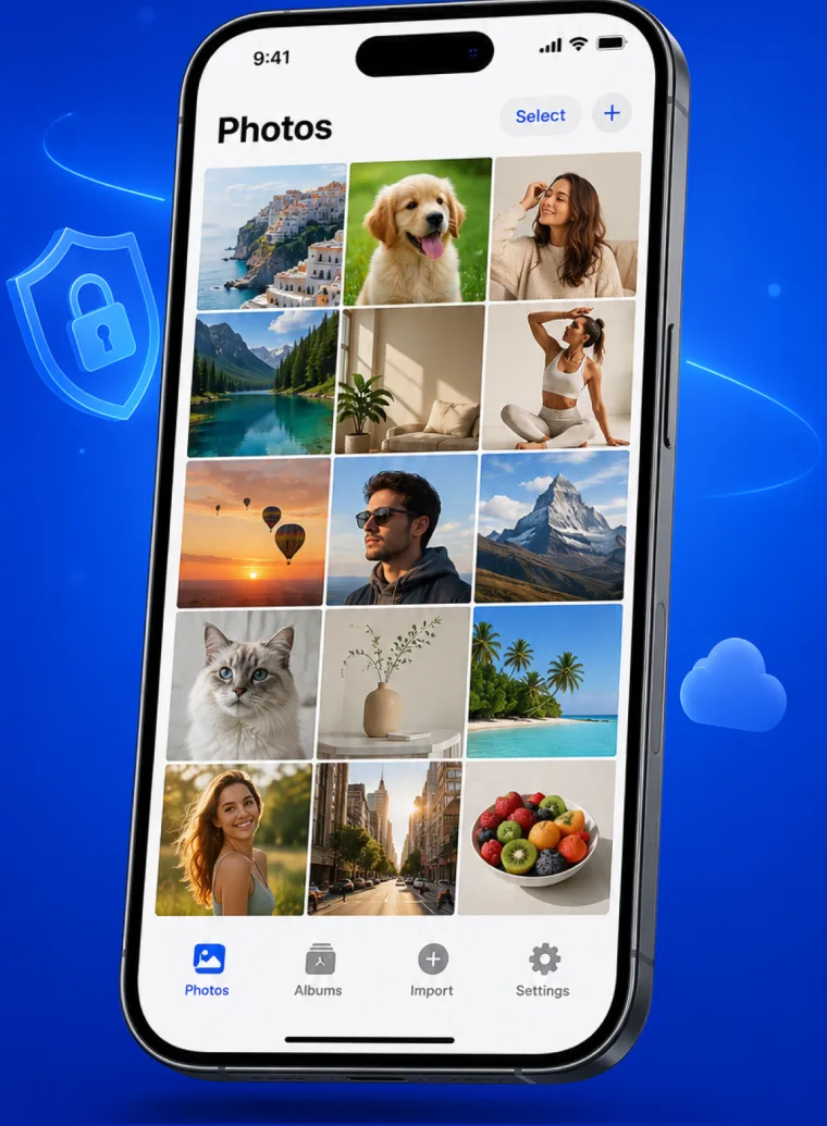 HidePal app showing a private photo library on iPhone